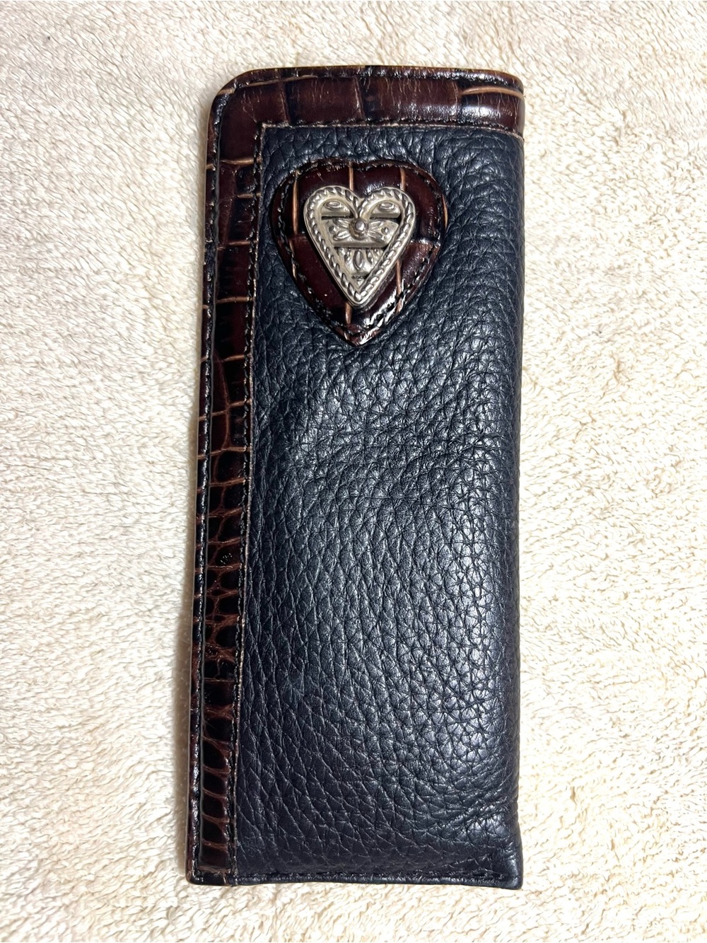 Brighton Black Leather Eyeglass Case Brown Croc Trim Silver Heart Readers